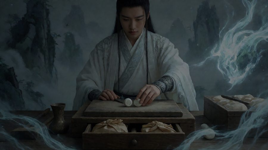 药童捏着丹在案板上比了比，顺手切开，一半推过来，另一半用纸包了放回抽屉。