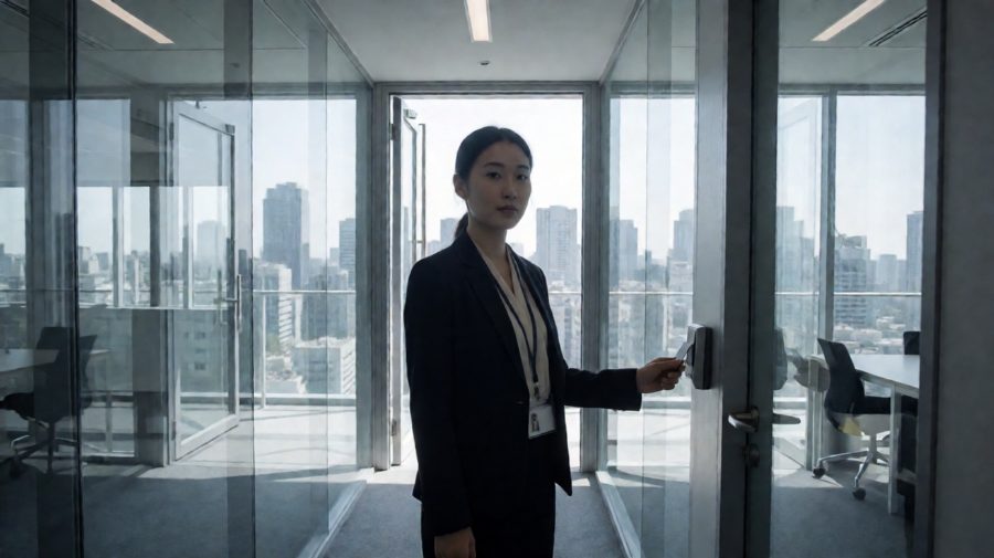卡套里的便签被走廊的灯照得有点发白，露出一角。