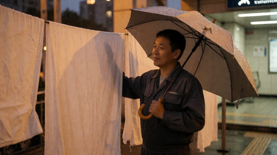 雨丝斜斜落下，伞下是干燥的床单，伞外是他沉默的半边身侧。
