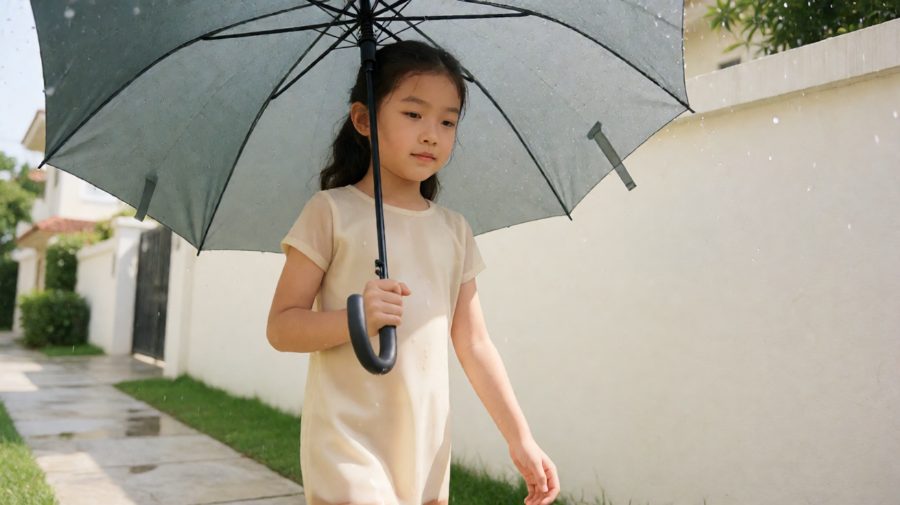 实测雨天滴水路径，伞边滴水位置示意
