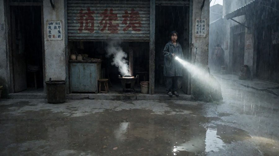巷子积水中，铺内灯光在阴雨天显得格外温暖而诡异