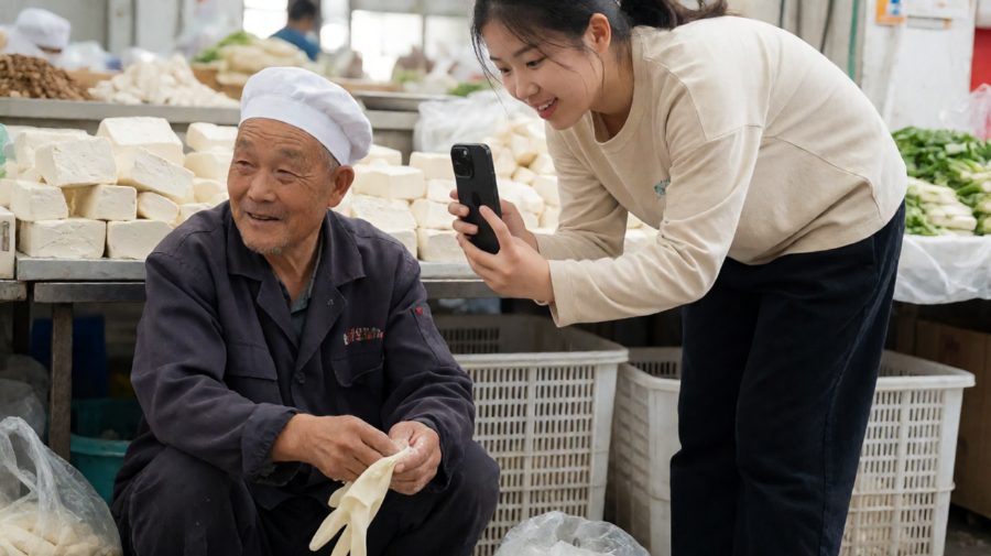老鲁蹲在豆腐摊前剥手套，剥一只笑一声