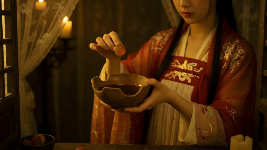 她往里头放了一枚蜜枣，用勺底轻轻压一下，让它沉到碗底去。
