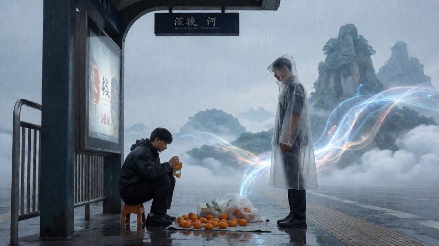 雨夜摊前，不速之客