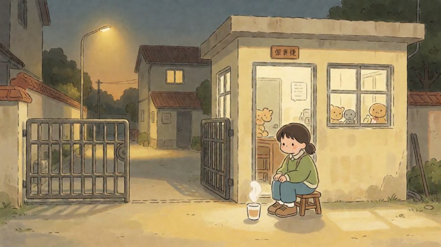 小满搬着小凳子，坐在值班室门口