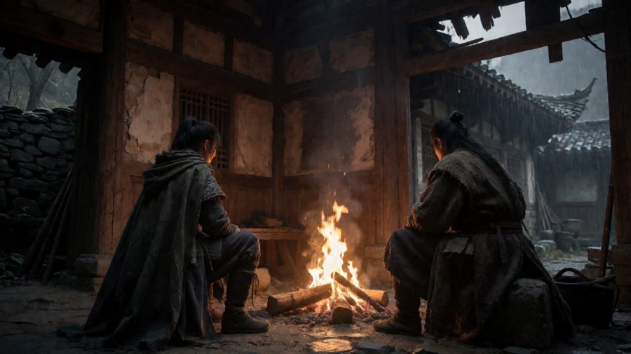 火堆微光中，两人隔座对坐，气氛静默