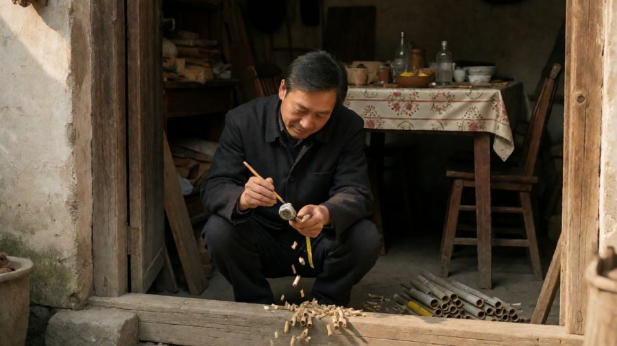 父亲在屋檐下刨木头