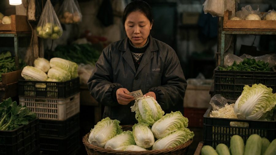 收摊前最后一次改价，刘姐揭掉小白菜的价签