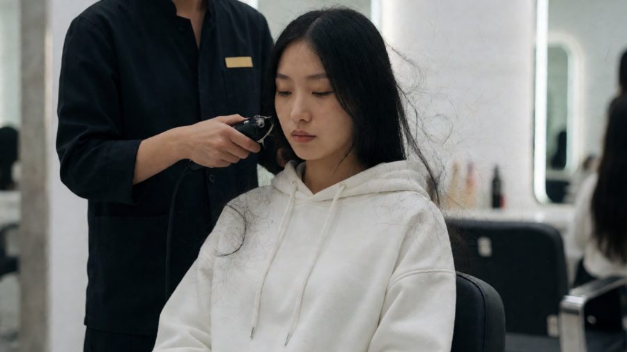 推子响起来，第一下从鬓角走，头发落在我围布上，轻得跟灰一样