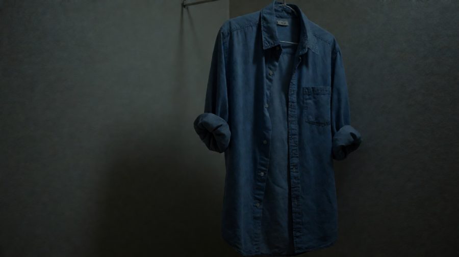 从纱窗的角度看出去，那件蓝布衫，正是一只抬起的手。