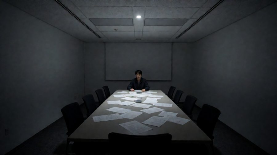 死者坐在长桌最里侧，指尖夹着未点燃的香烟。