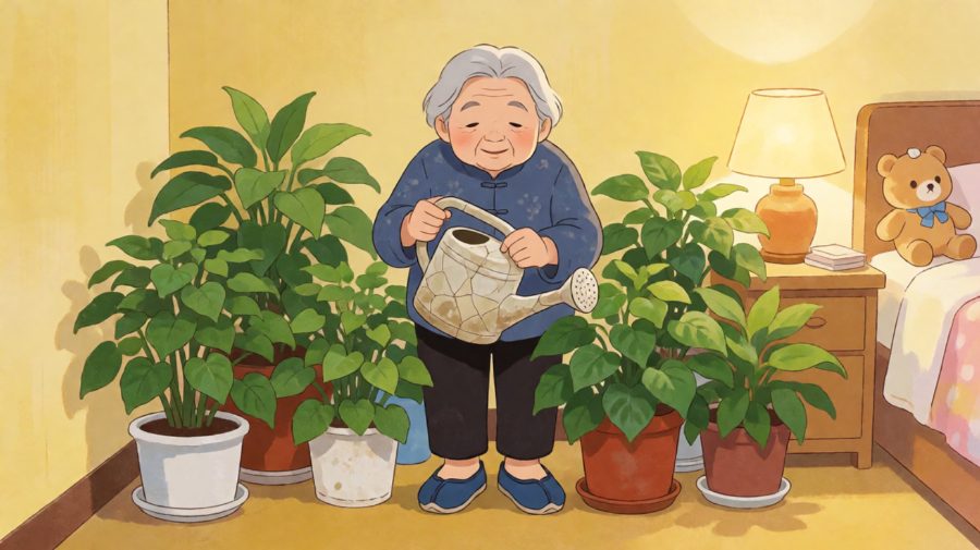 窗台上六盆盆栽与旧水壶