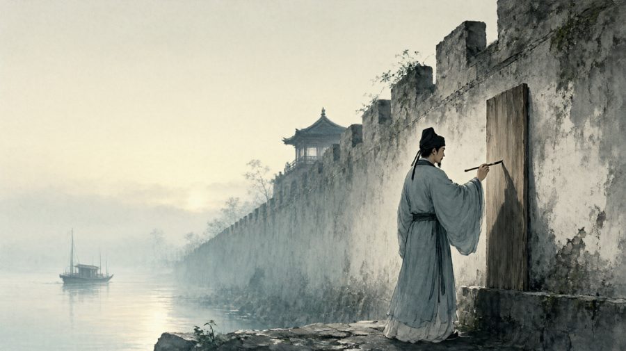 渡口驿墙前，落第书生陆迟蘸墨题半阙词