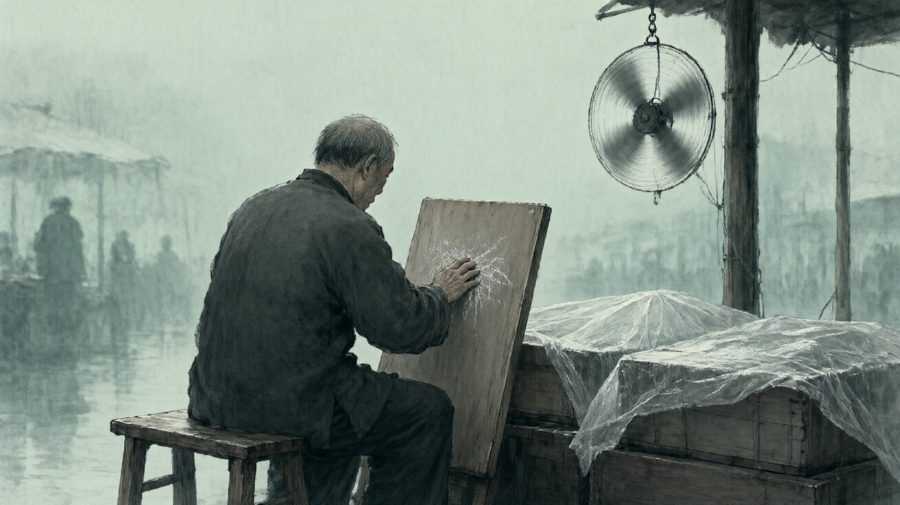斜风细雨里，被擦去又留下印迹的鱼摊