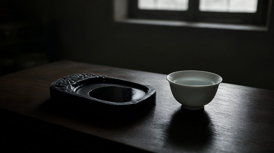 砚台里的墨干成了壳，平得反光，像块黑玻璃。