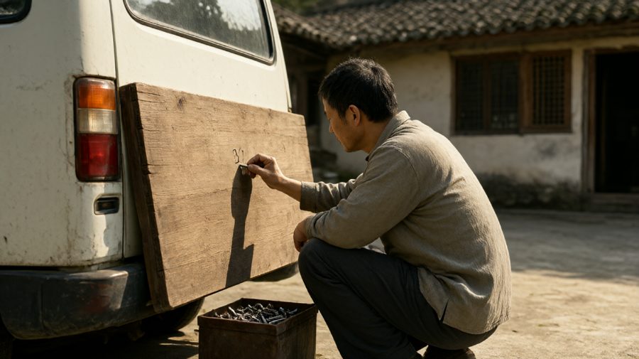 父亲在车斗内为拆下的旧桌标注顺序