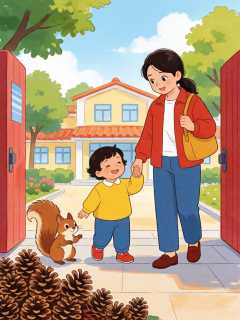幼儿园门口的小松鼠和半袋香香的松果