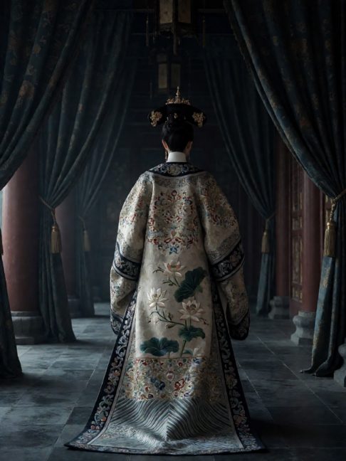 尚衣局掌针柳素验封妃礼服，里衬拆出一朵倒绣的缠枝莲