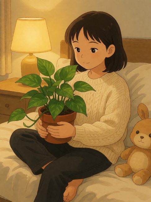 二年级的朵朵把教室窗台的绿萝抱回家过暑假