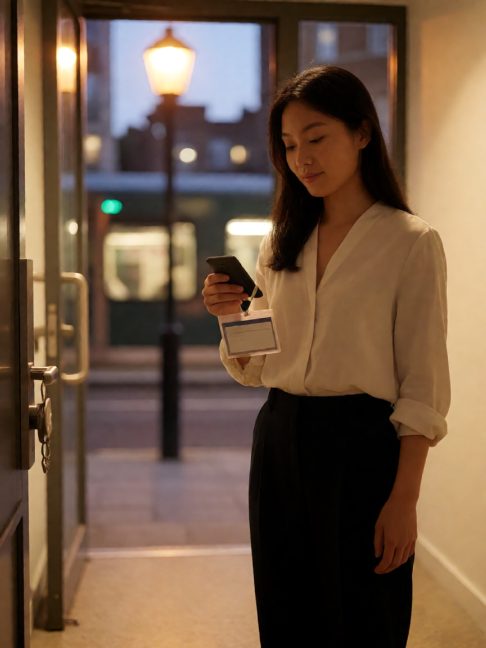 合租屋玄关，她把他的工牌挂回门把