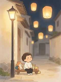 巷口小路灯和纸灯笼朵朵的夜晚小约定