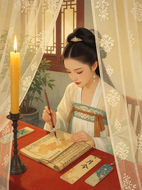 纸坊少东家裴迟与书肆女掌事陆青禾补一页洇湿的《月令》