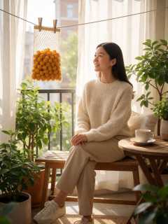 出租屋阳台，我晒完被子后发现晾衣杆挂着邻居送的半袋金桔