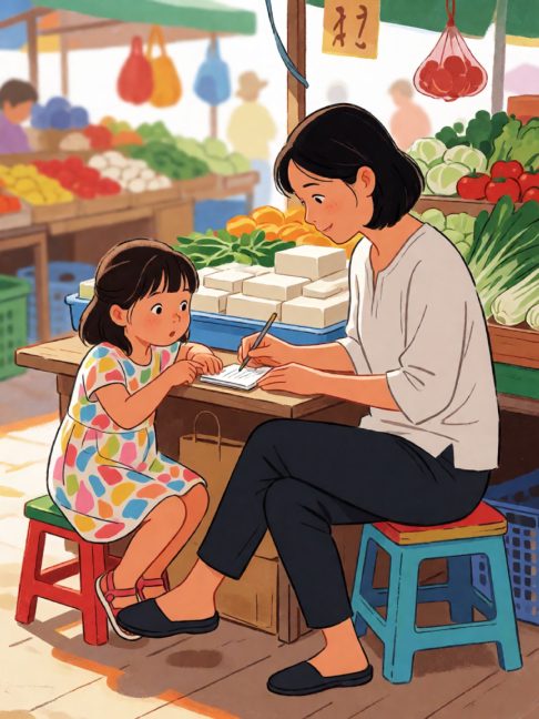 菜市场豆腐摊前，我和女儿把十块钱算错了三次