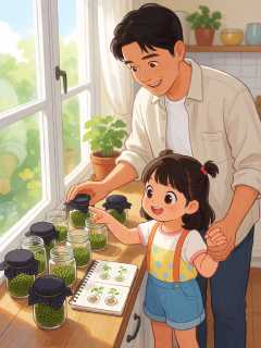 厨房窗台，老魏和女儿小满给九颗绿豆做遮光比赛