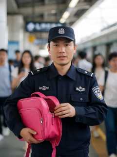 早高峰地铁站，保安老魏捡到一只没拉好的粉色书包